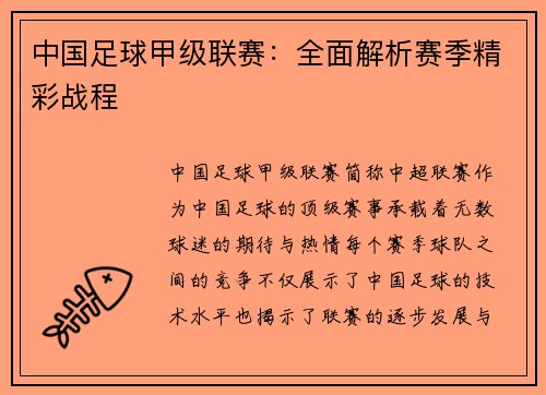 中国足球甲级联赛：全面解析赛季精彩战程